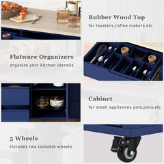 K&K Store Kitchen Cart With Rubber Wood Top, 8 Handle-Free Drawers