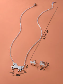 Stainless Steel Gold Silver Unicorn Horse Necklace Earrings Jewelry Set