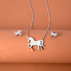 Stainless Steel Gold Silver Unicorn Horse Necklace Earrings Jewelry Set