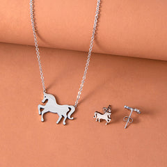 Stainless Steel Gold Silver Unicorn Horse Necklace Earrings Jewelry Set