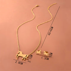 Stainless Steel Gold Silver Unicorn Horse Necklace Earrings Jewelry Set